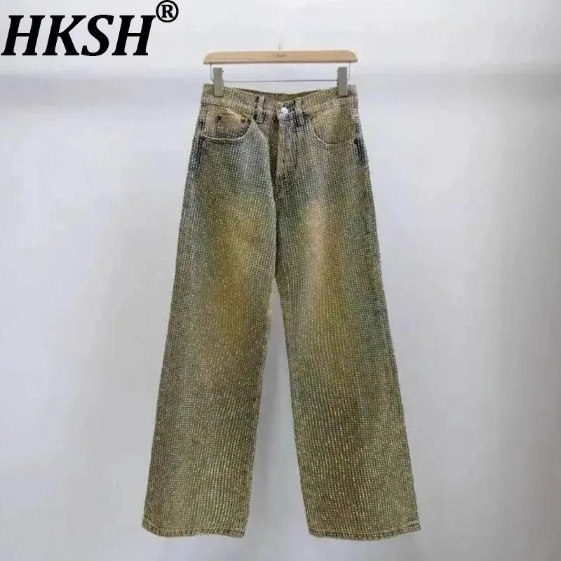 HKSH Spring Autumn New Men Tide Punk Tide Techwear Crystal Jeans Straight Denim Pants High Street Ins Chic Fashion Retro HK6225