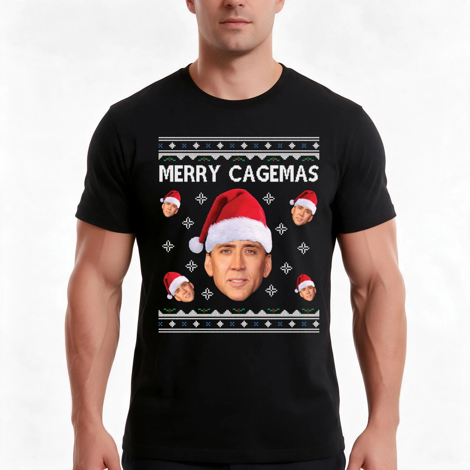 Nicolas Cage Stage Name Actor Filmmaker Coppola Received Many Awards Merry Cagemas Christmas Knitpo T-Shirt, Unisex Men Women
