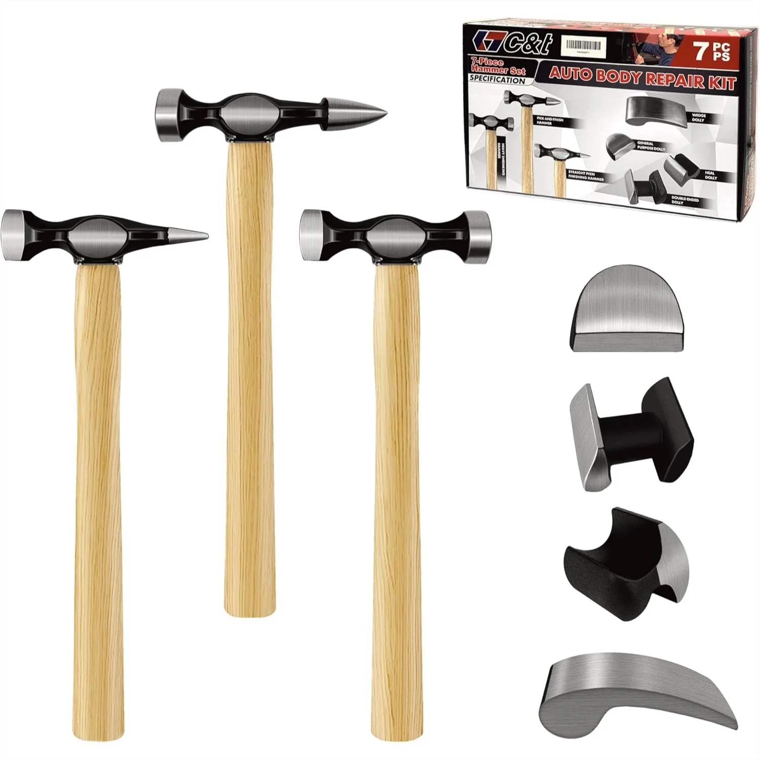 

7 Piece Auto Body Repair Tool Kit with Carbon Steel Hammers and Dollies for Car Dent Removal