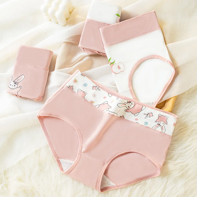 High Waist 4Pcs/Set Cotton Women Panties  Body Shaper Underwear Cute Print Girls Panty Soft Briefs Breathable Female Lingerie