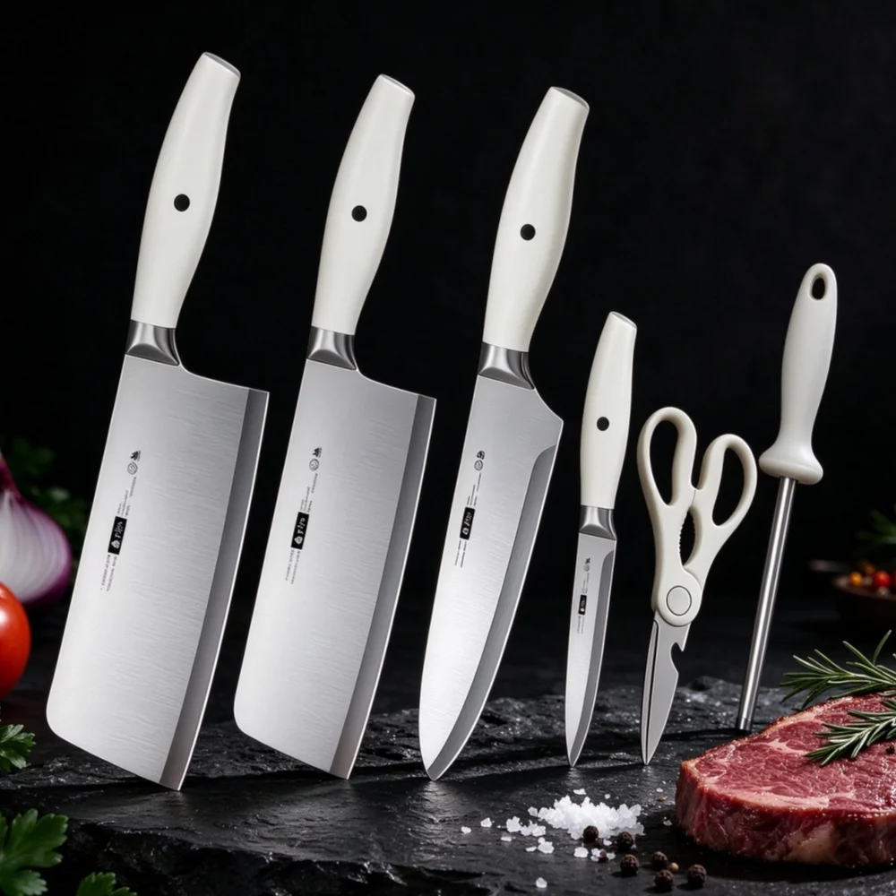 Kitchen Knife Set  Sharpener Rod Scissors Stainless Steel Bone Meat Cleaver, Chef & Fruit Knives,Complete Home Cutting Tools