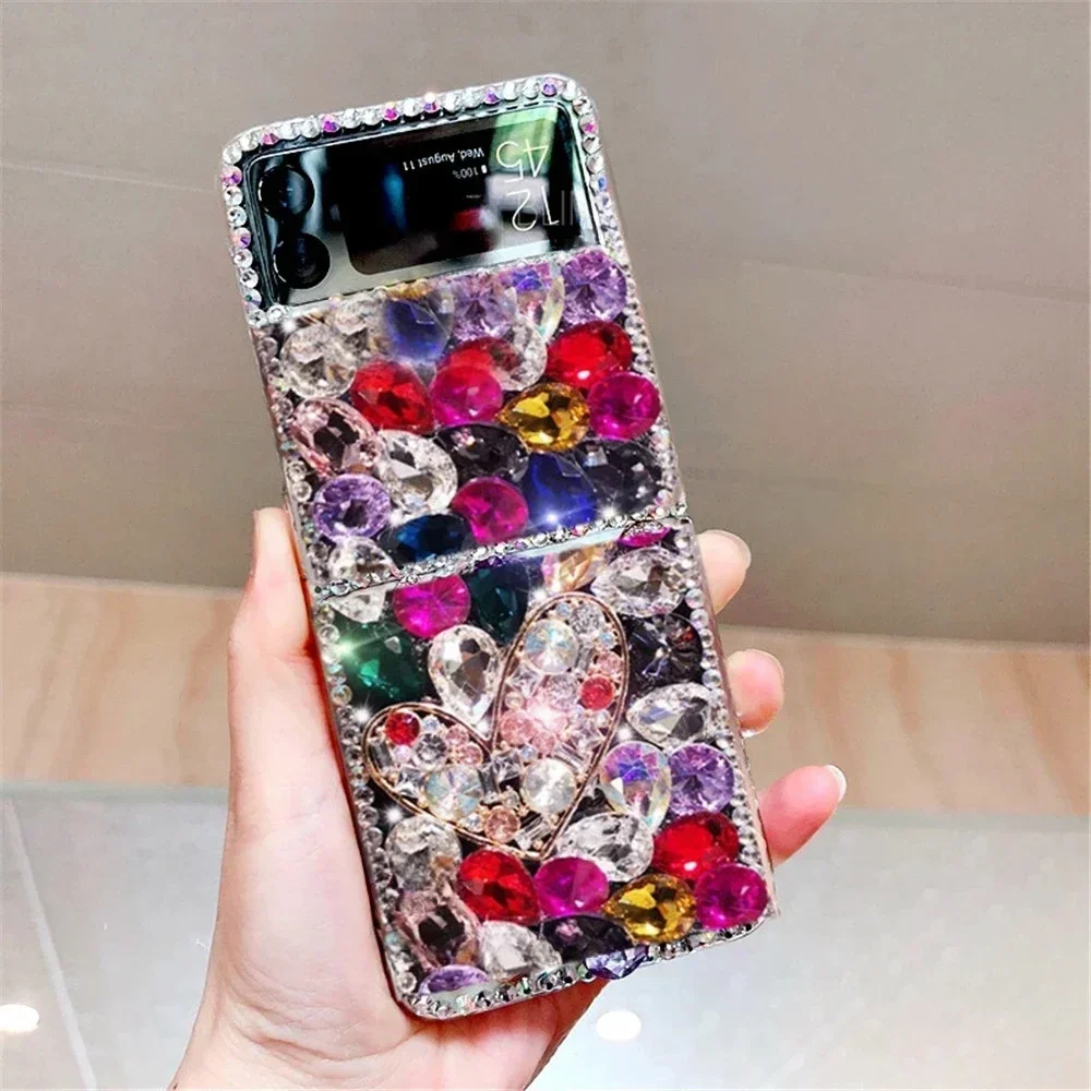 Crown Fox Fur Sparkle Gems Case, Love Bling Flower Cases for Samsung Galaxy Z Flip6, 2, 3, 4, Flip4, Flip5, 5G, Luxury Fashion