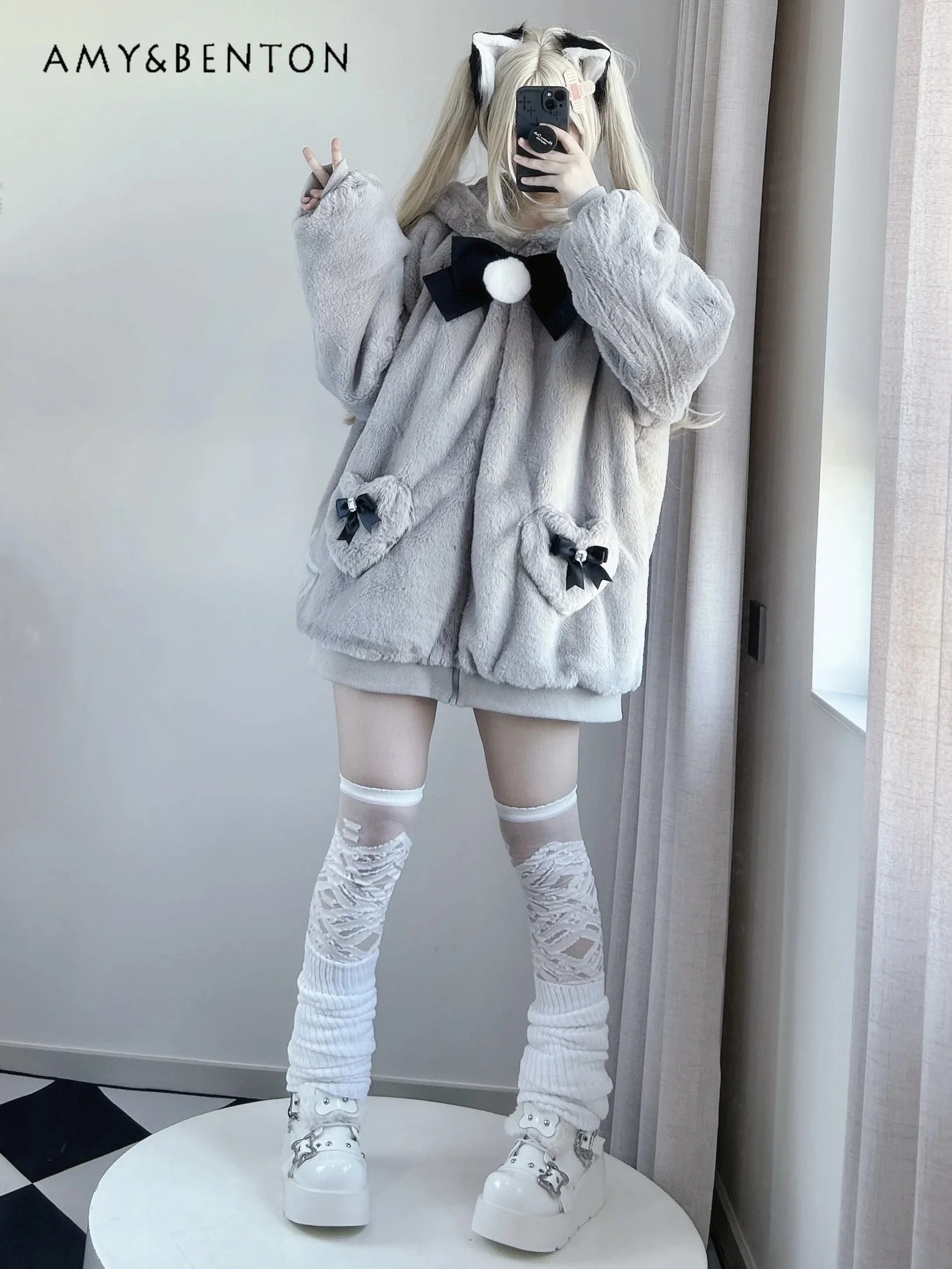 Kawaii Cute Cat Ear Hooded Zipper Plush Jacket Japanese Mass-produced Mine Slim Winter Clothes Women Sweet Bow Oversized Jackets