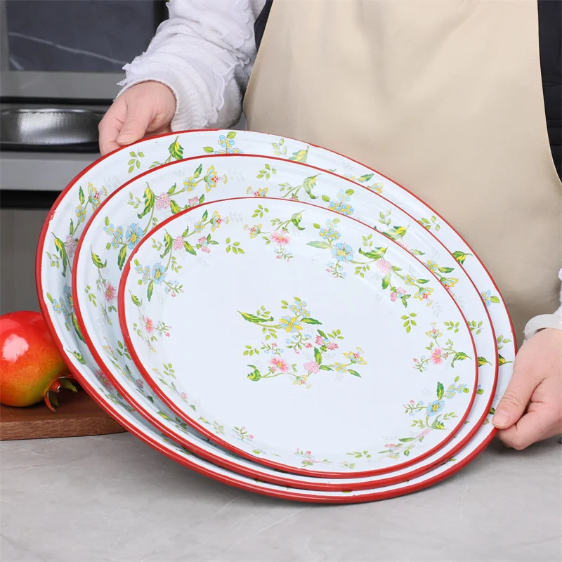 35CM Large Enamel Serving Tray with Red-Trim, Rust-Resistant & Heat-Resistant, Multi-Purpose for Tea, Snacks & BBQ, Retro Style