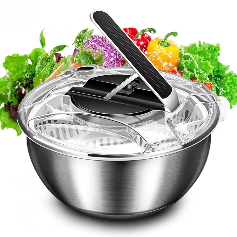 

Household 3.5 L Salad Spinner Stainless Steel Manual Vegetable Drain Basket Detachable Quick Drying Fruit Washer Knead Dough