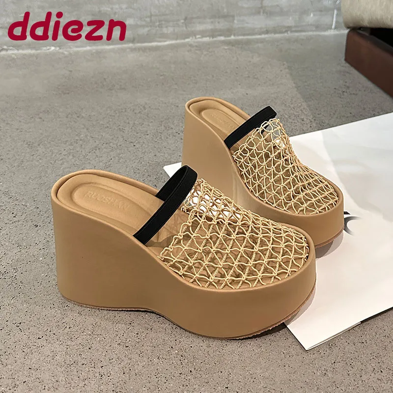 

Fashion Round Toe Platform Ladies Wedges Slippers Shoes Thick Soled Mesh Women Wedges Slippers Mules Sandals Shoes Female Slides