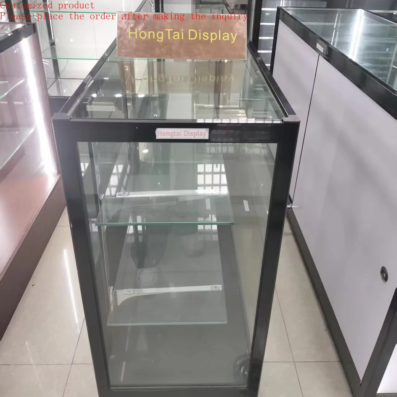 

Custom.Extra Vision Glass Display Case Retail Vitrine Adjustable Shelves With Mirror Sliding Door for Boutique Glass Counter