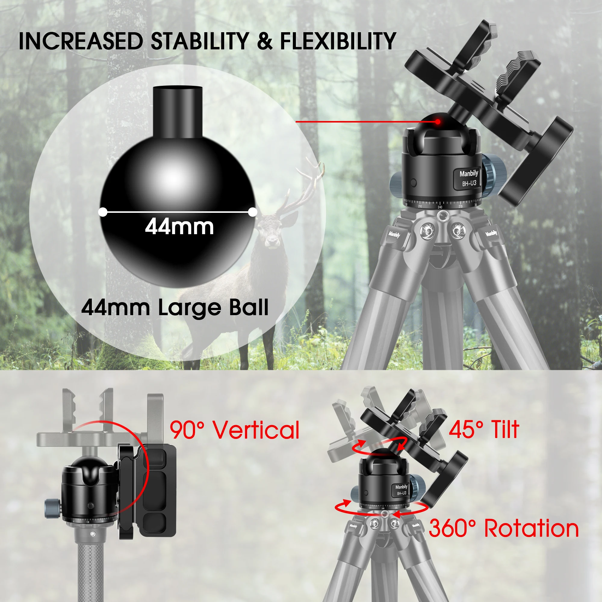 Manbily BH-U3 Aluminum Rifle Saddle Clamp Tripod Rest Mount for Hunting Ball Head Adapter with Arca Swiss