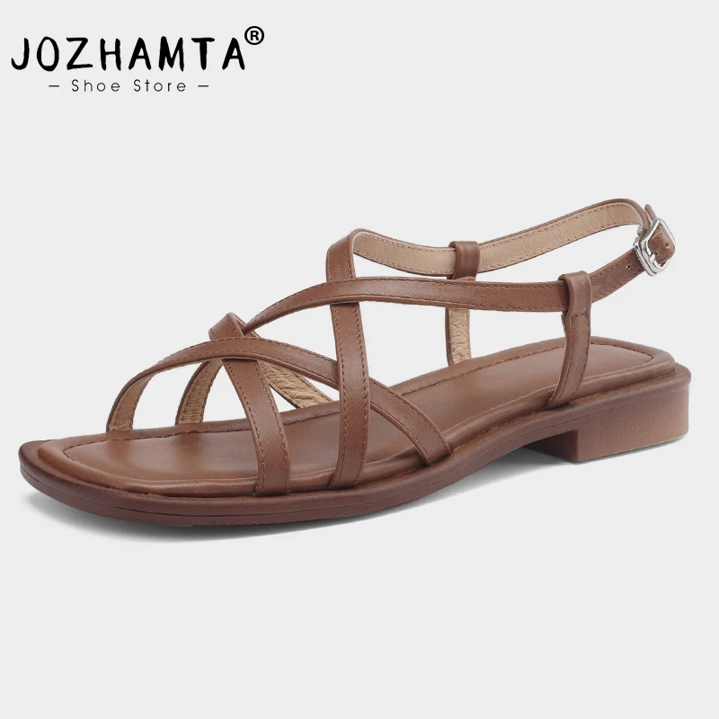 JOZHAMTA Size 34-43 Women Gladiator Sandals Real Leather Strappys Flats Shoes Summer 2025 Casual Daily Beach Dressy Low Heels