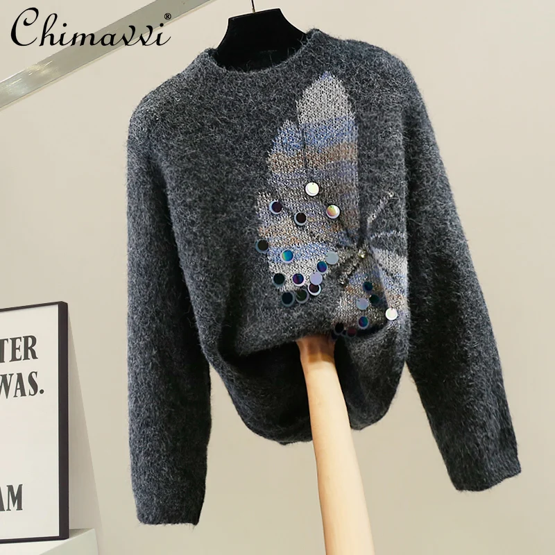 

Korean Fashion Heavy Butterfly Sequin Sweater Women's Autumn and Winter New Ladies Slim Round Neck Knitted Gray Pullover Top