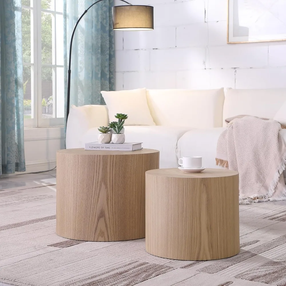 

Round Coffee Table Set of 2, Nesting Coffee Table and End Tables Set Wood Small Circle Drum Side Tables for Living Room Office
