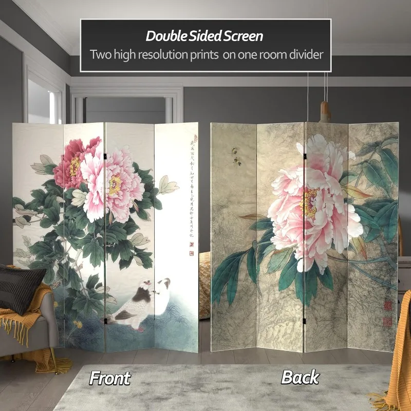 Tall Double Sided Doves and Peonies Canvas Room Divider 4 Panel Freestanding Folding Privacy Screen Partition and Separator