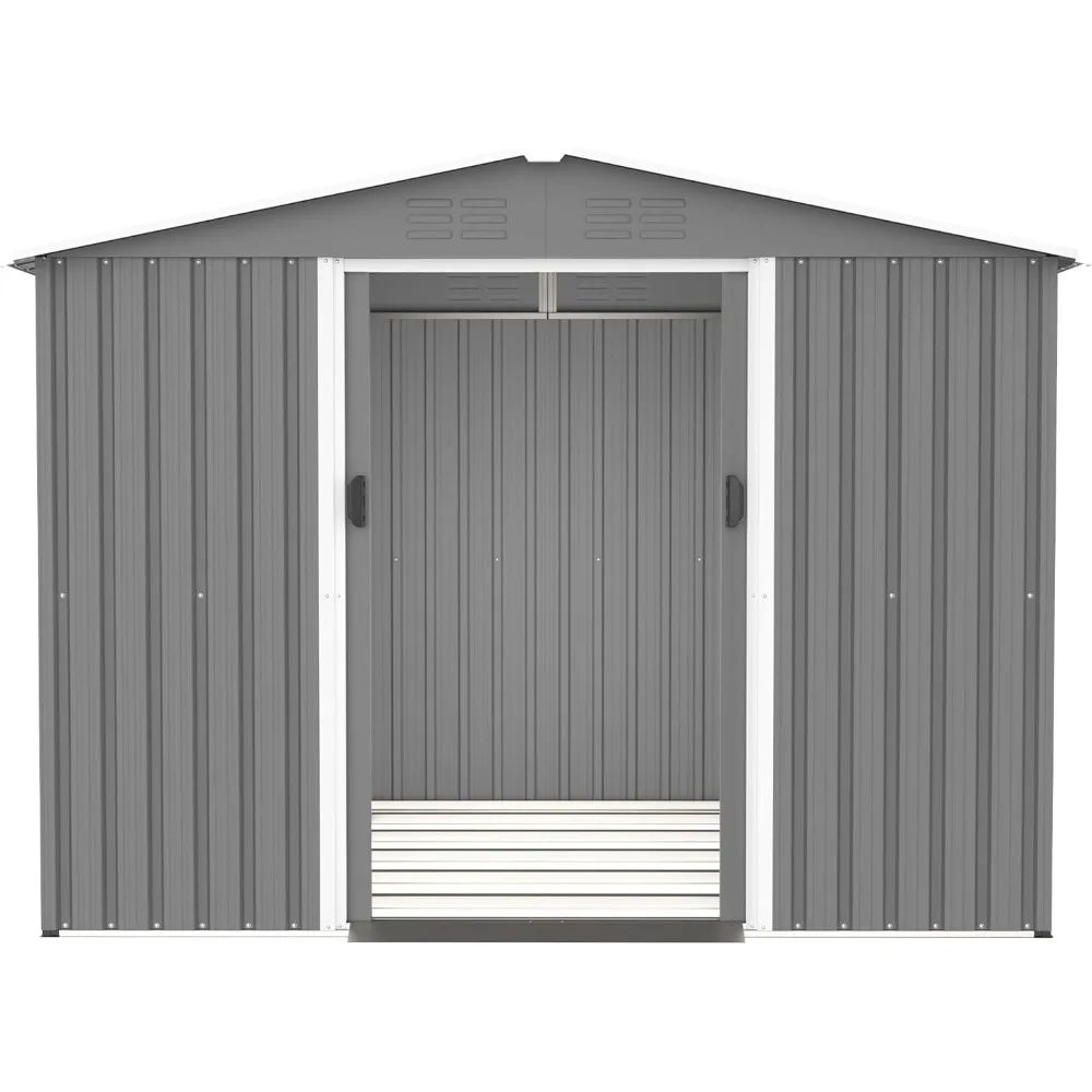 FT Outdoor Storage Shed with 2 Sliding Doors, All Weather Tool Shed Storage House with Floor Foundation & Roof,  Patio