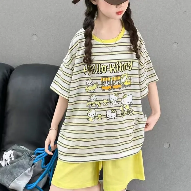 

Sweet Hello Kitty Anime Kawaii Sanrio Summer Striped Shirt Pants Set for Girls Cute Fashionable Casual Two-piece Clothes Gifts