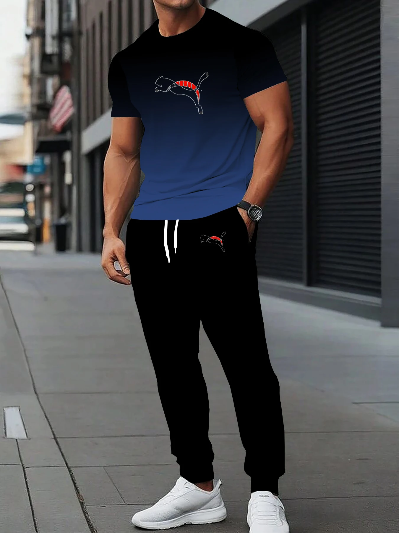 

Summer new men's casual two-piece round neck short sleeved T-shirt and drawstring pants with pockets knitted outdoor sportswear