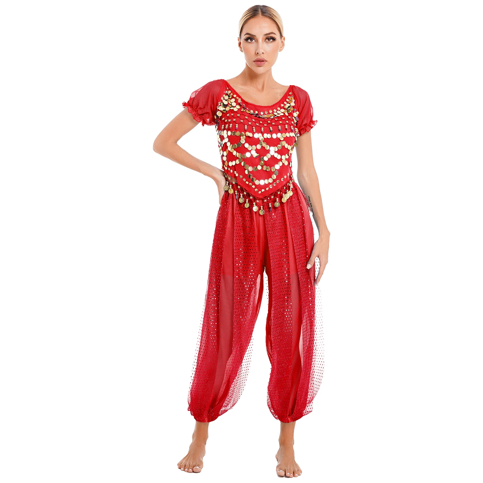 Womens Belly Dance Costume Sparkly Bollywood Indian Cosplay Outfits Sequin Puff Sleeve Crop Top with Harem Pants for Performance