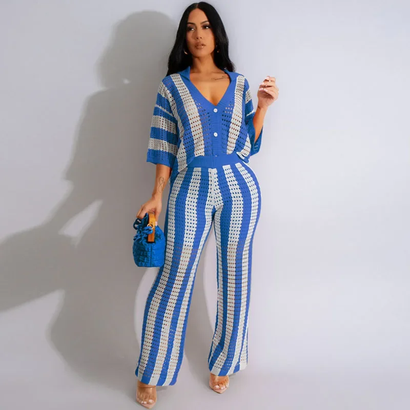 Striped Knitted Pants Set Women 2 Piece Outfit Elegant Hollow Out Button Up V-neck Top and Wide Leg Pants Matching Sets Birthday