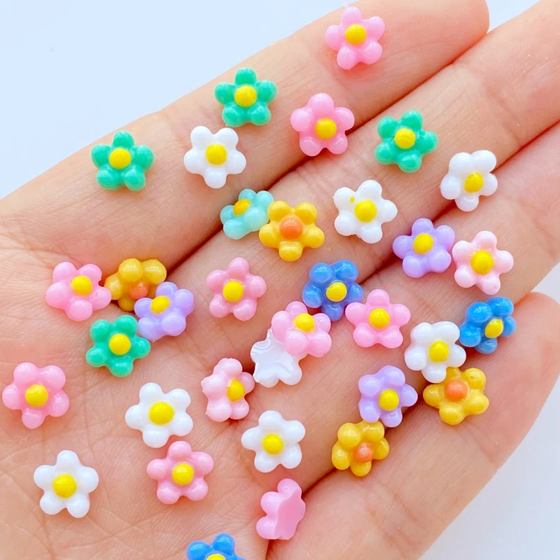 100Pcs 7mm Mini Flower Nail Art Resin Rhinestones ,Mix Colors Floral Nail Art ,Charms Flower Shaped Manicure Supplies