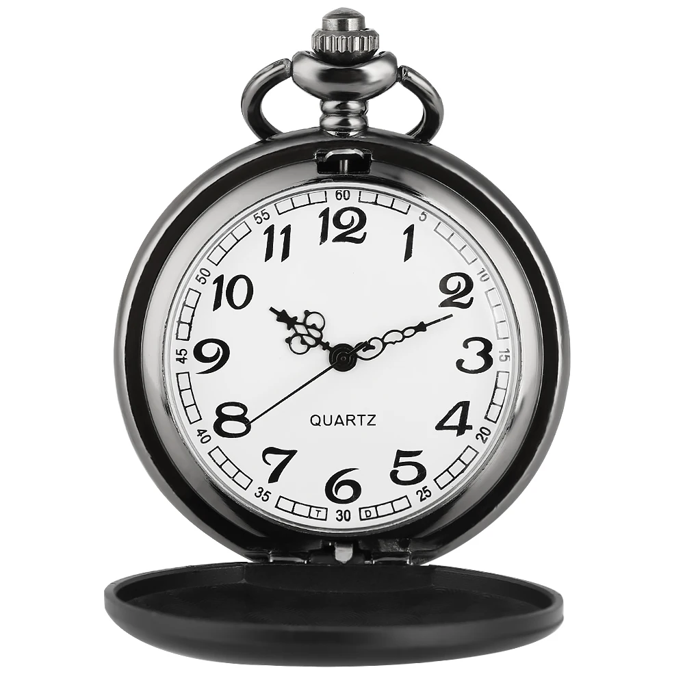 Reloj de bolsillo analógico de cuarzo para hombre y mujer, pulsera con cadena y collar, números árabes, esfera blanca, color negro mate