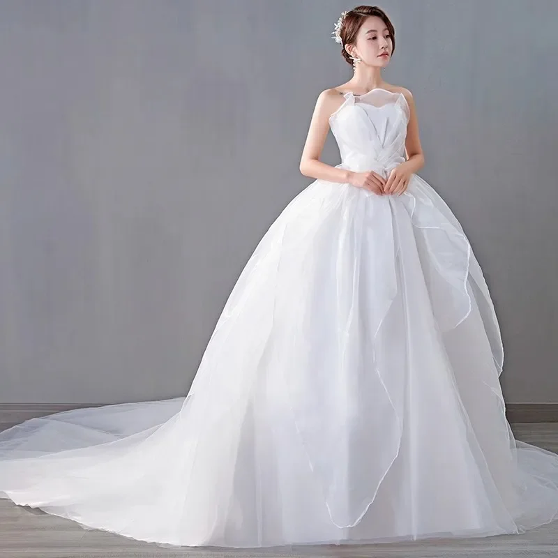 

Cheap Wedding Dress White Tulle Ruffles Strapless Crystal Lace up Trailing Lace up Princess Plus size Simple Bride Gowns XN159