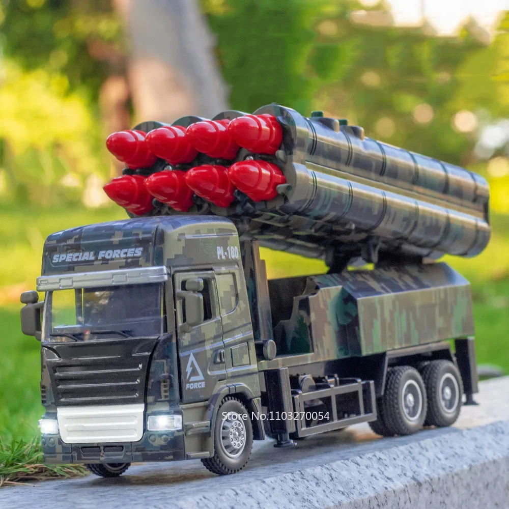 1:32 Missile Rocket Launcher Miniature Model Car Toy Diecast Alloy Body Doors Opened Sound Light Pull Back Vehicle Gifts for Boy