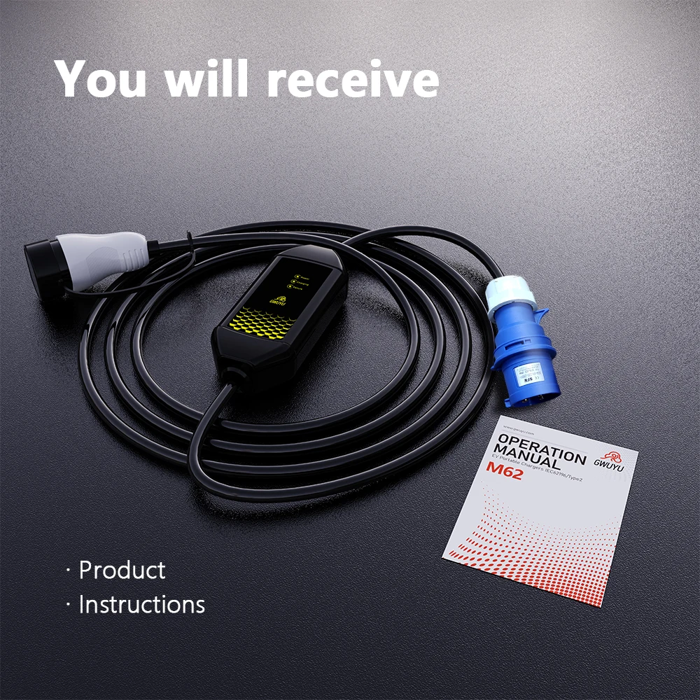 EV Portable Charger GWUYU M62 7.6KW 32A 3.5KW 16A 220V Type 2 IEC62196-2 Indicator Light 3.5m Cable Electric Vehicle Car Charger