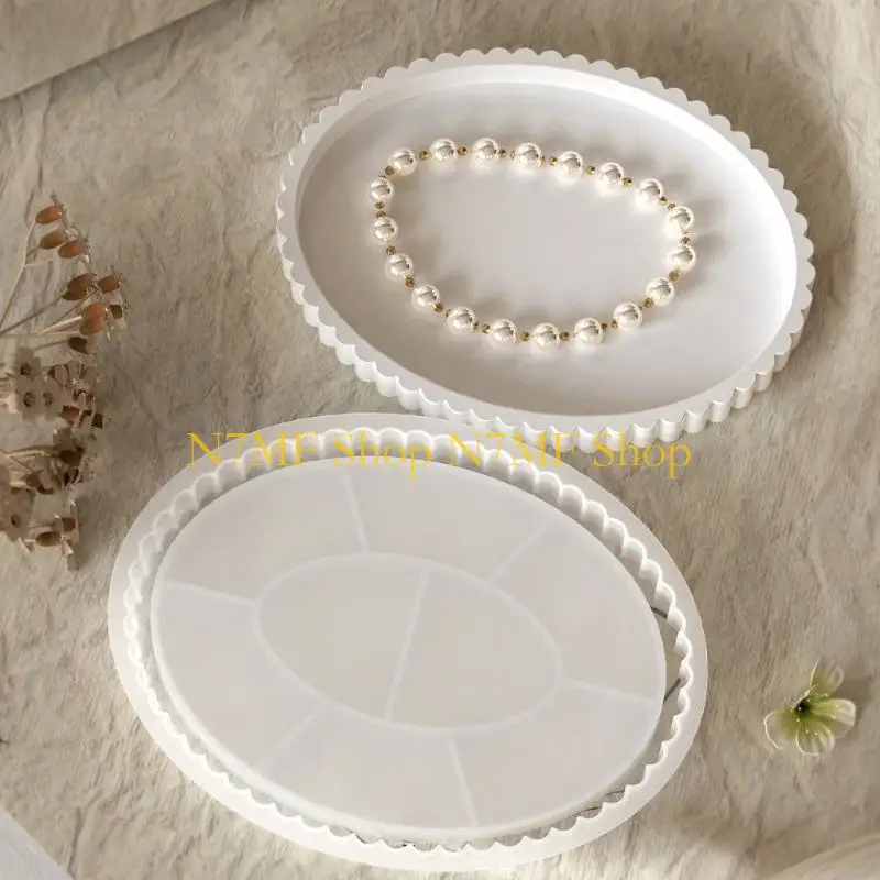 N7MF طبق بيضاوي قوي وصندوق الحلي قالب قالب سيليكون مخطط أنيق لإنشاء لوحة بيضاوية فردية ومنفضة سجائر