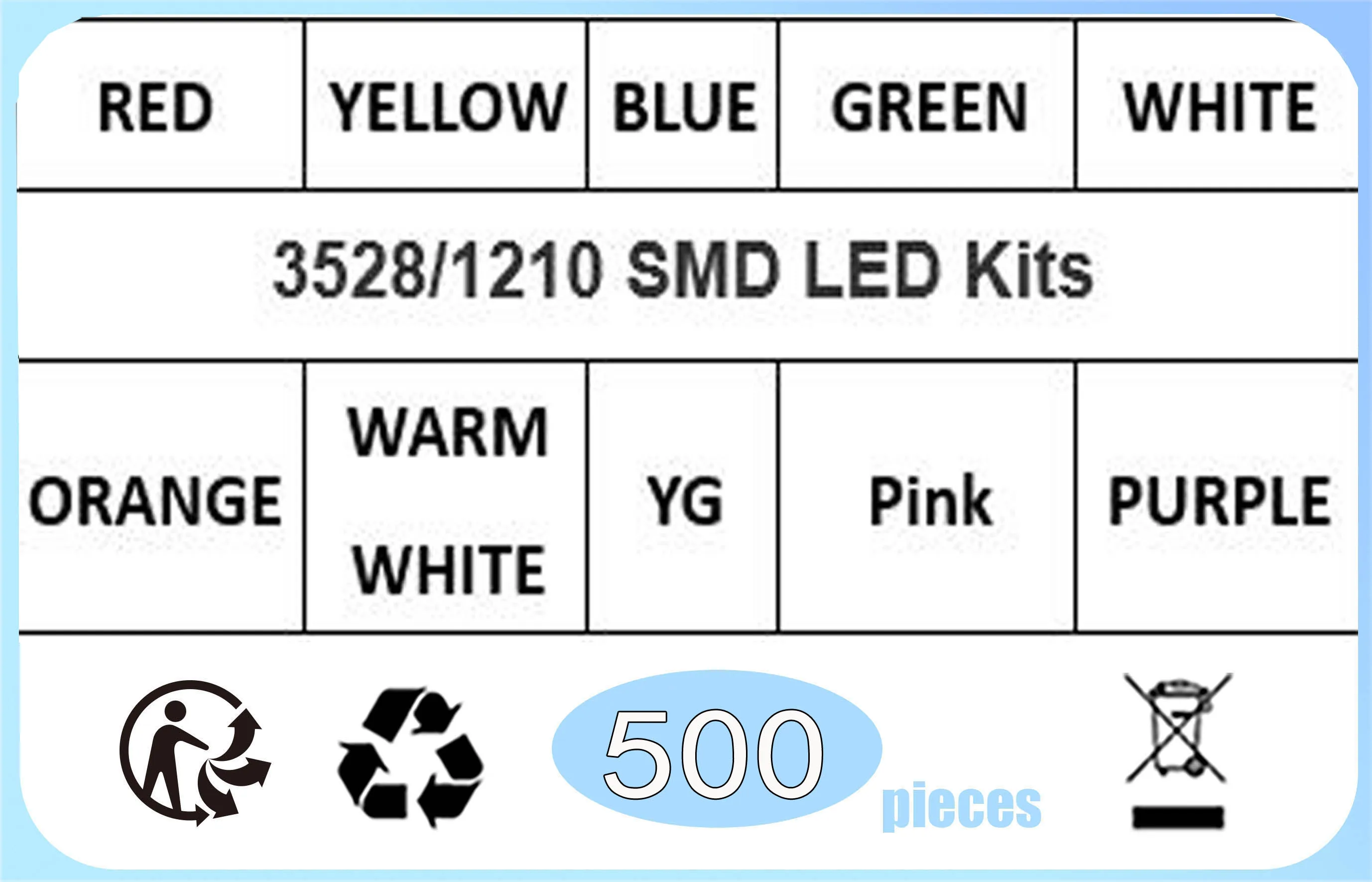 500Pcs 3528 1210 SMD LED 10Colors x 50Pcs Red/Green/Blue/Yellow/White/WARM WHITE/UV/RGB ICE BLUE Cold LED Diode Kit