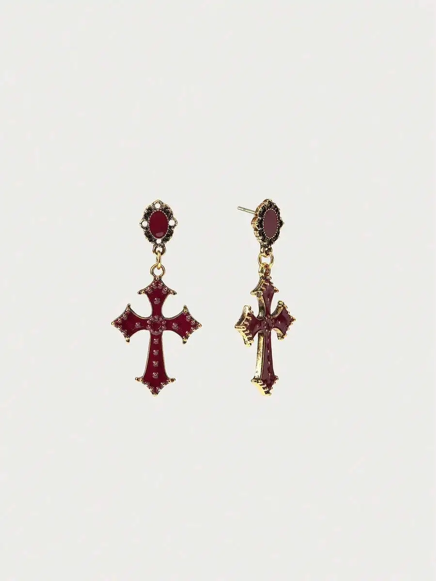 

Gothic Red Enamel Cross Drop Earrings For Women Party Daily Wear