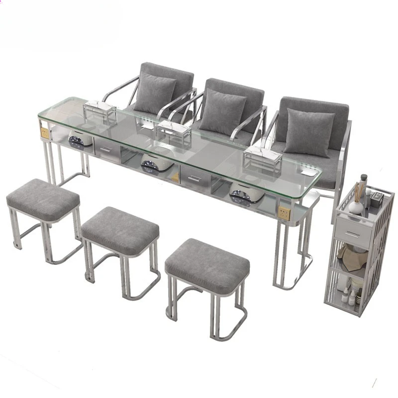 Manicure table and chair set silver glass surface with socket nail table lift chair