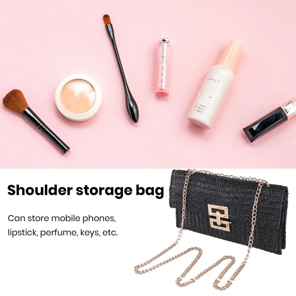 Portable Women Shoulder Bag Double-layer Chain Strap Clutch Wallet Straw Braided Buckle Lock Foldable Beach Vacation Handbag