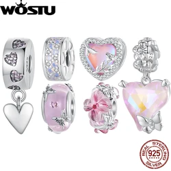 WOSTU 925 Sterling Silver Transparent Murano Flower Butterfly Charms Silicone Heart Clip Beads Fit Original Bracelet DIY Making
