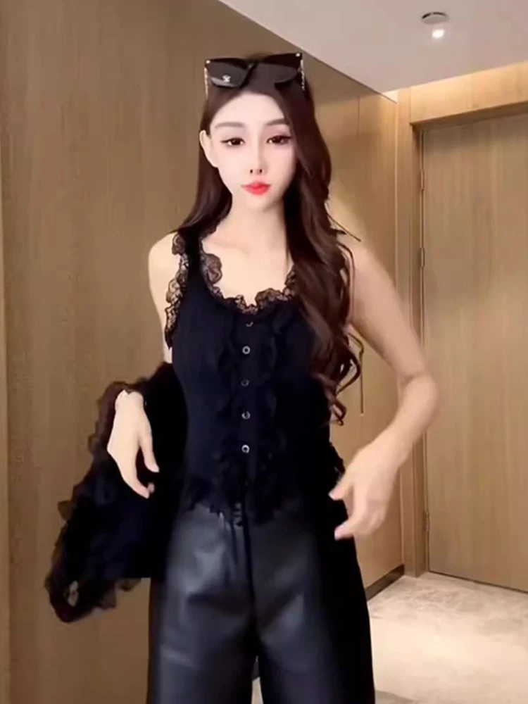 Irregular Lace Strap Vest Women's 2026 New Summer Inner Wear Slim Fit Sexy Short Top Outerwear Square Collar Single Button