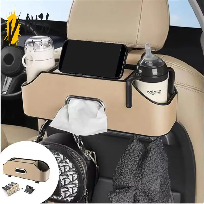 

AV36-Car Headrest Backseat Organizer With 2 Drink Cup Holder, Cell Phone Holders, Hooks And Tissue Box Accessories