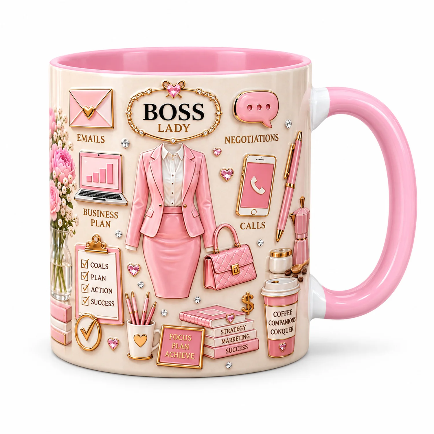 Custom Boss Lady Coffee Mug 11oz Ceramic Cup 325ml, Girl Boss Print, Pink Interior, Add Your Name, Gift for Her