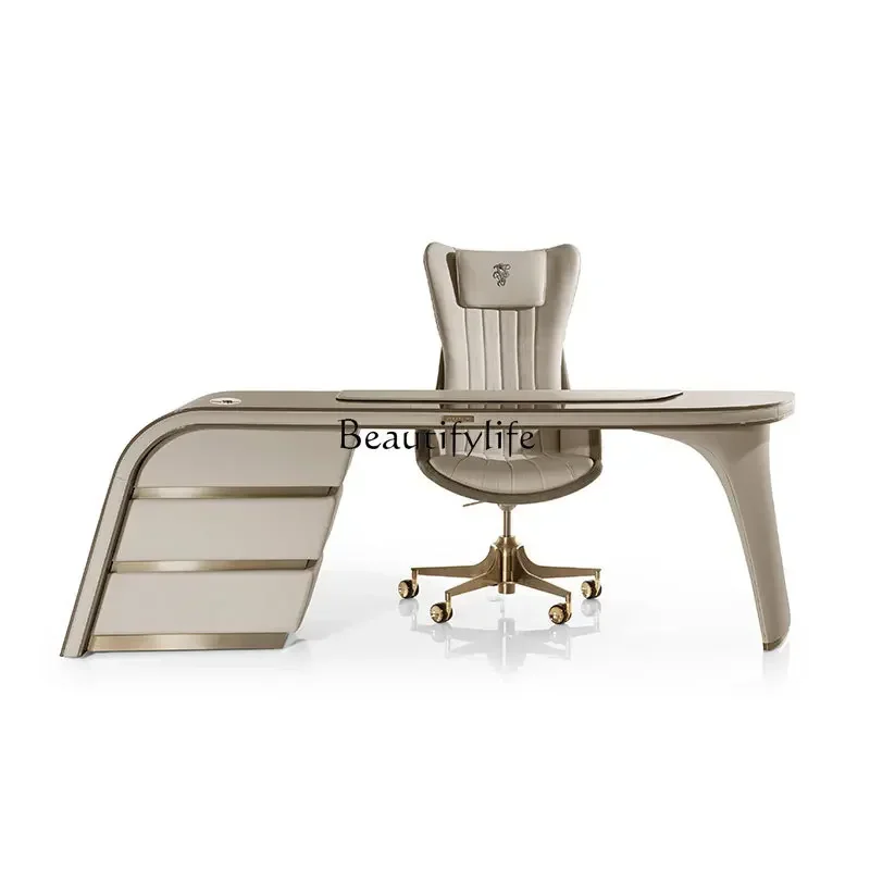 

56Italian light luxury high-end writing desk modern study villa luxury home office table and chair set