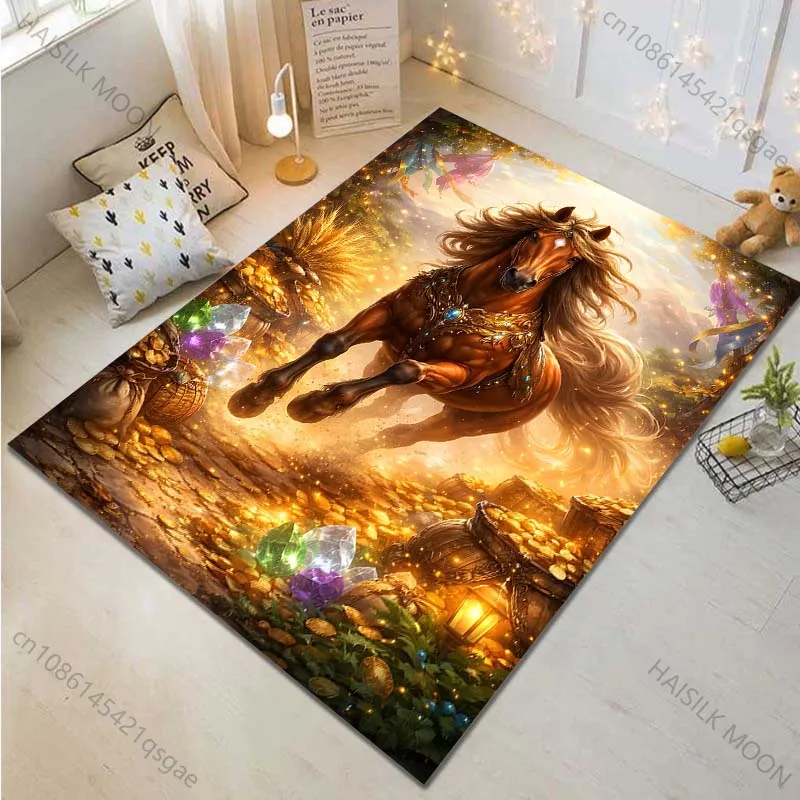 Multiple sizes Golden horse amidst treasure Carpet for Living Room Bedroom Sofa Home Decor Rus Non-slip Floor Mat Luxury Gift