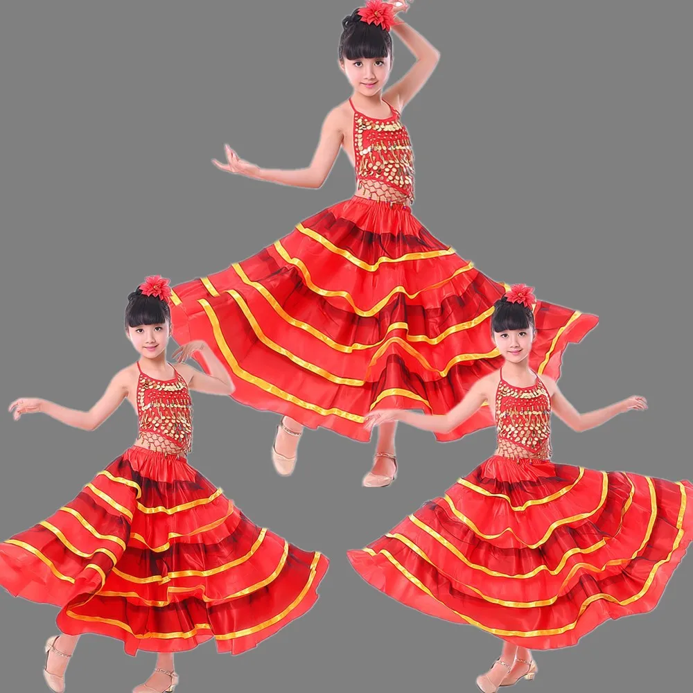 1 pz/lotto bambini moda gonna danza del ventre ragazza flamenco danza gonna lunga gonna corrida 360 gradi