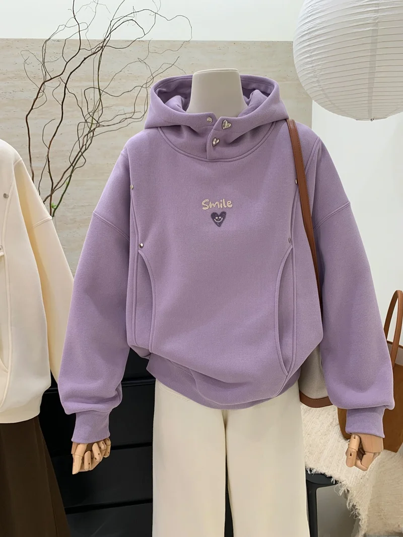 

Толстовка с флисовой подкладкой в корейском стиле, женская толстовка свободного кроя с принтом Love Smile, повседневная удобная уличная одежда на осень и зиму
