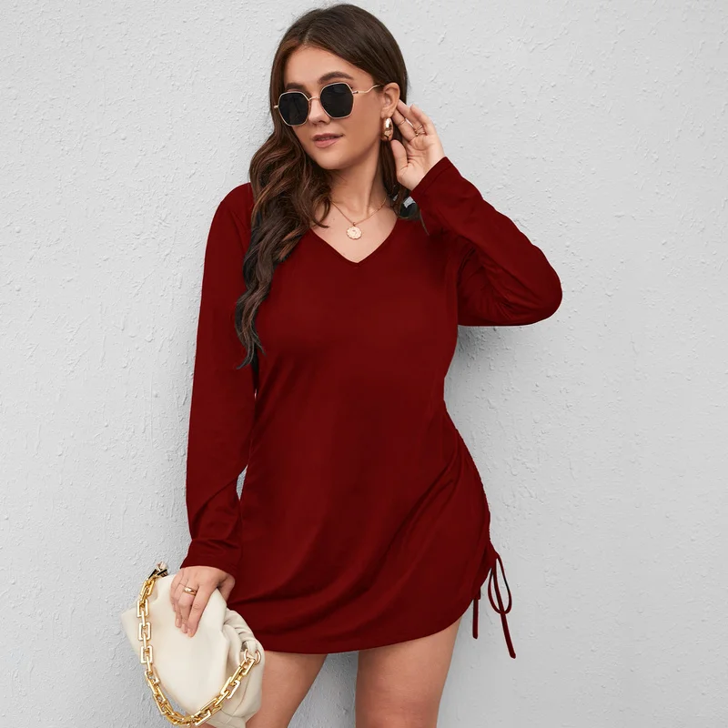 

Black Loose Plus Size Dress Shirring Long Sleeve V-Neck Above Knee Dresses for Women 2022 Spring Autumn Party Vestido Clothes