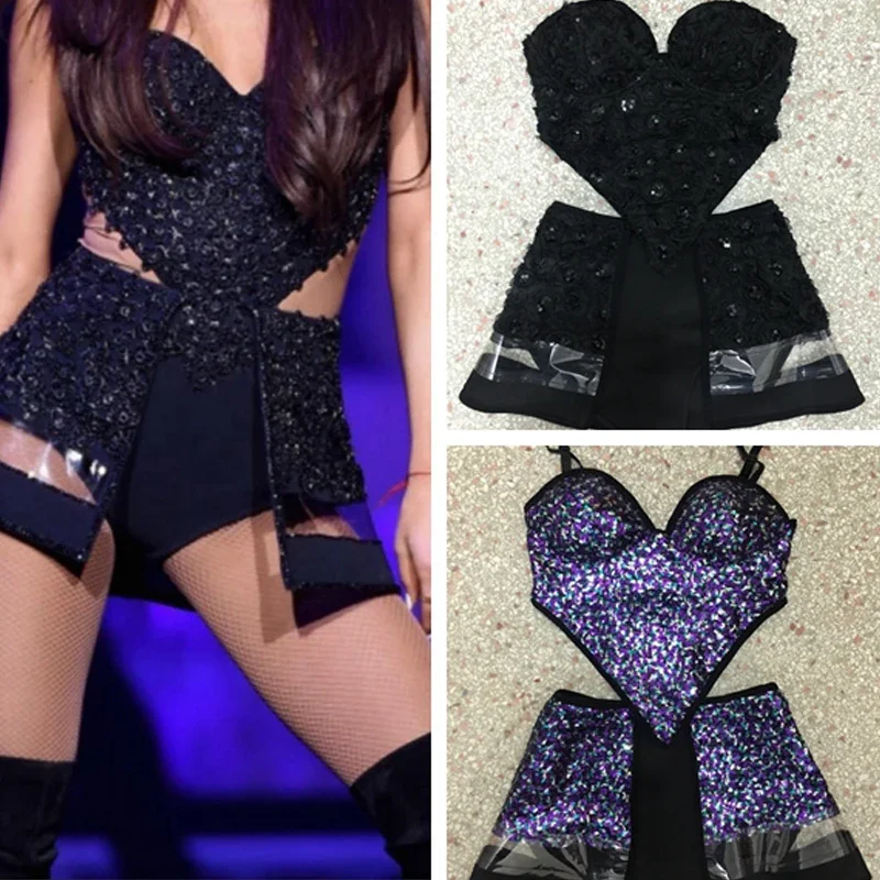 

3-компонентный полый топ с блестками, шорты, сексуальный костюм для танца на пилоне, женский праздничный наряд, ночной клуб, диджей, певец, DS, сценическая одежда XS3992