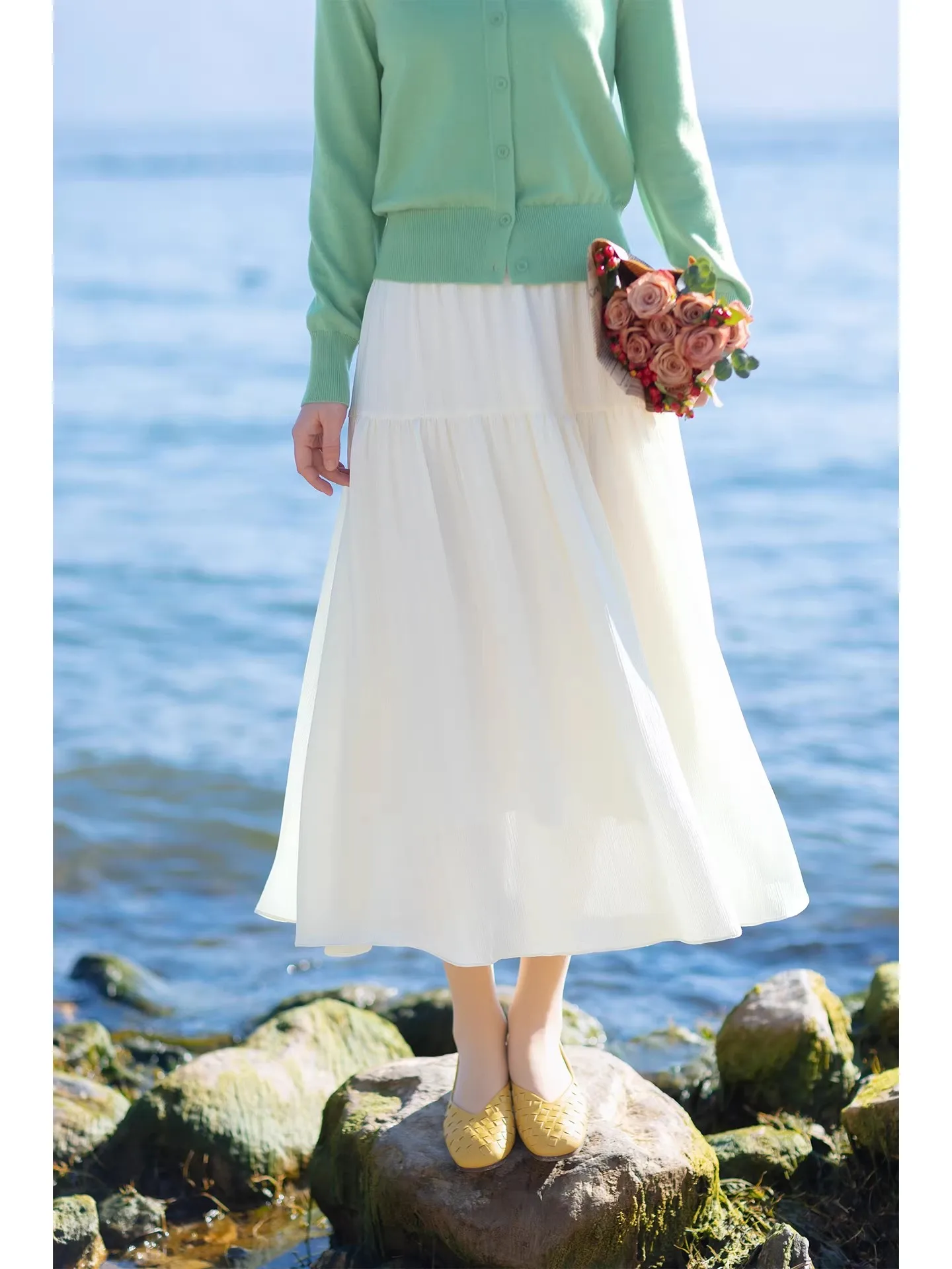 

Ele White Midi Skirt Women's A-Line Skirt Floating Skirt Large Swing Spring New Sle Classy Polyester Commute Sle