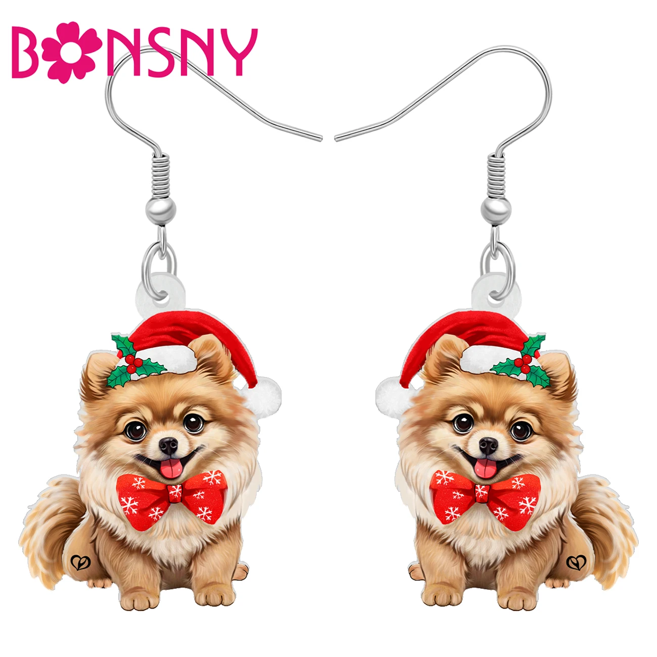 BONSNY Christmas Acrylic Adorable Pomeranian Dog Drop Dangle Earrings Jewelry For Women Girls Friends Charms Pets Gifts