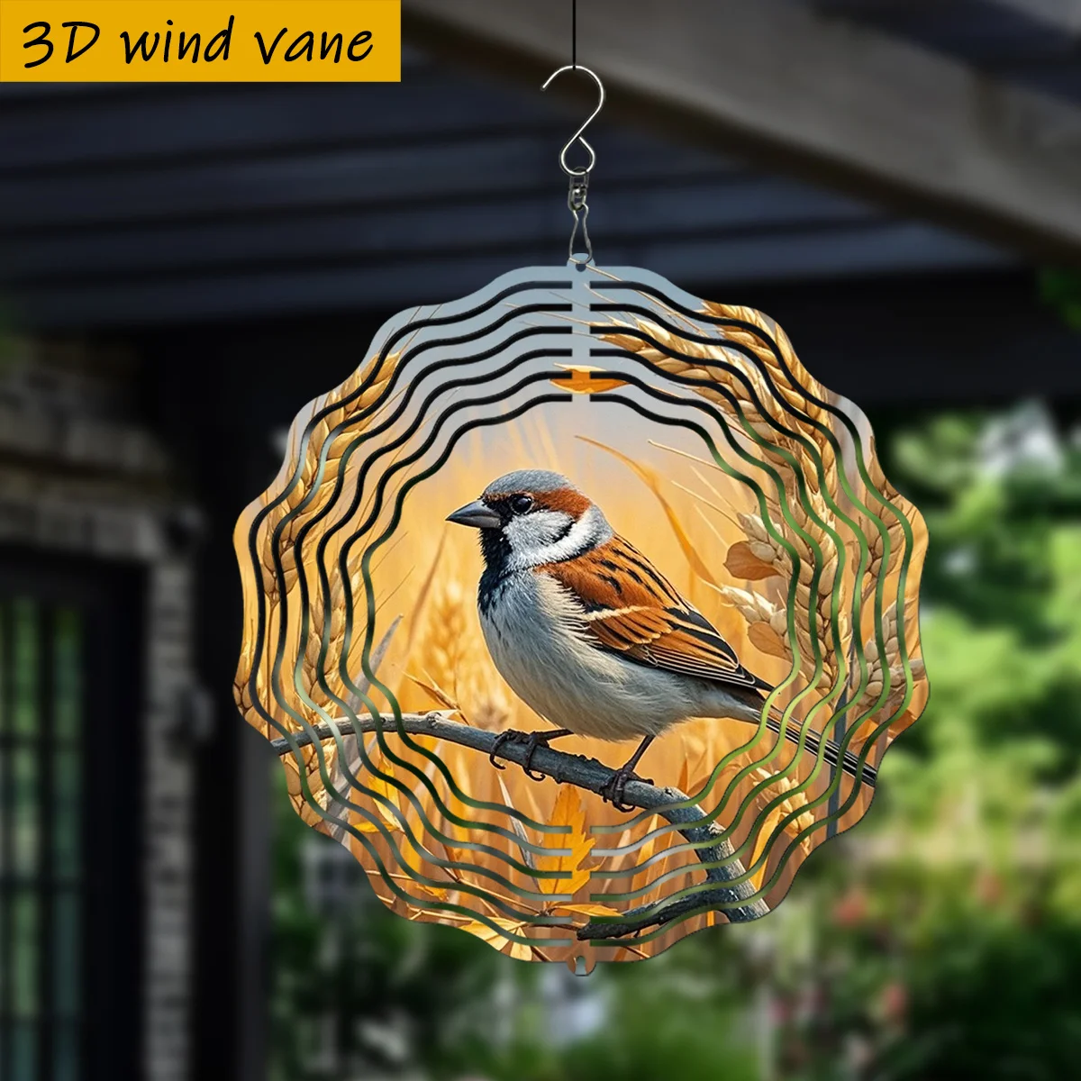 3D Bird on Wheat Branch Wind Spinner - 10 Inch Metal Art with 360 Swivel Hook for Balcony Garden Spring Summer Gift
