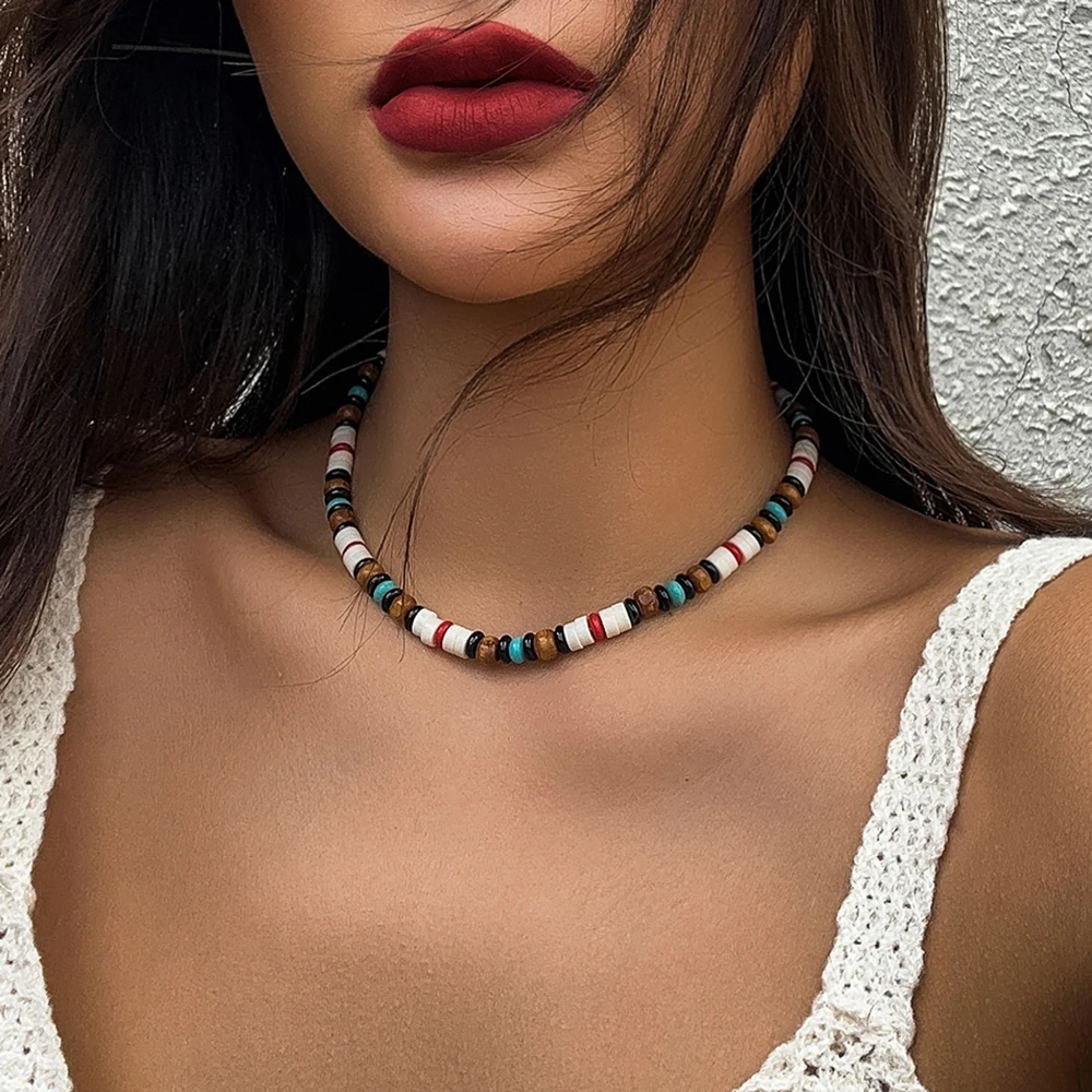 Creative Boho Beach Surfer Chain Necklace for Women Simple Geometric Tribal Ethnic Round Wooden Beads Choker Y2K Jewelry Gift