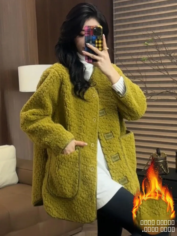 

Корейское женское зимнее пальто из овечьей шерсти, новая модная повседневная теплая верхняя одежда средней длины с капюшоном