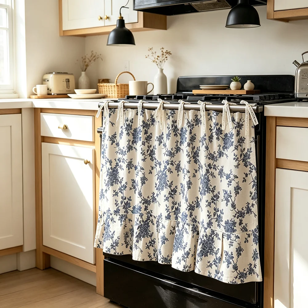 1pc Fresh Blue Floral Ruffle Tie Curtain, French Country Decor Curtain for Cabinet, Stove, Washing Machine, Oven Kitchen Decor