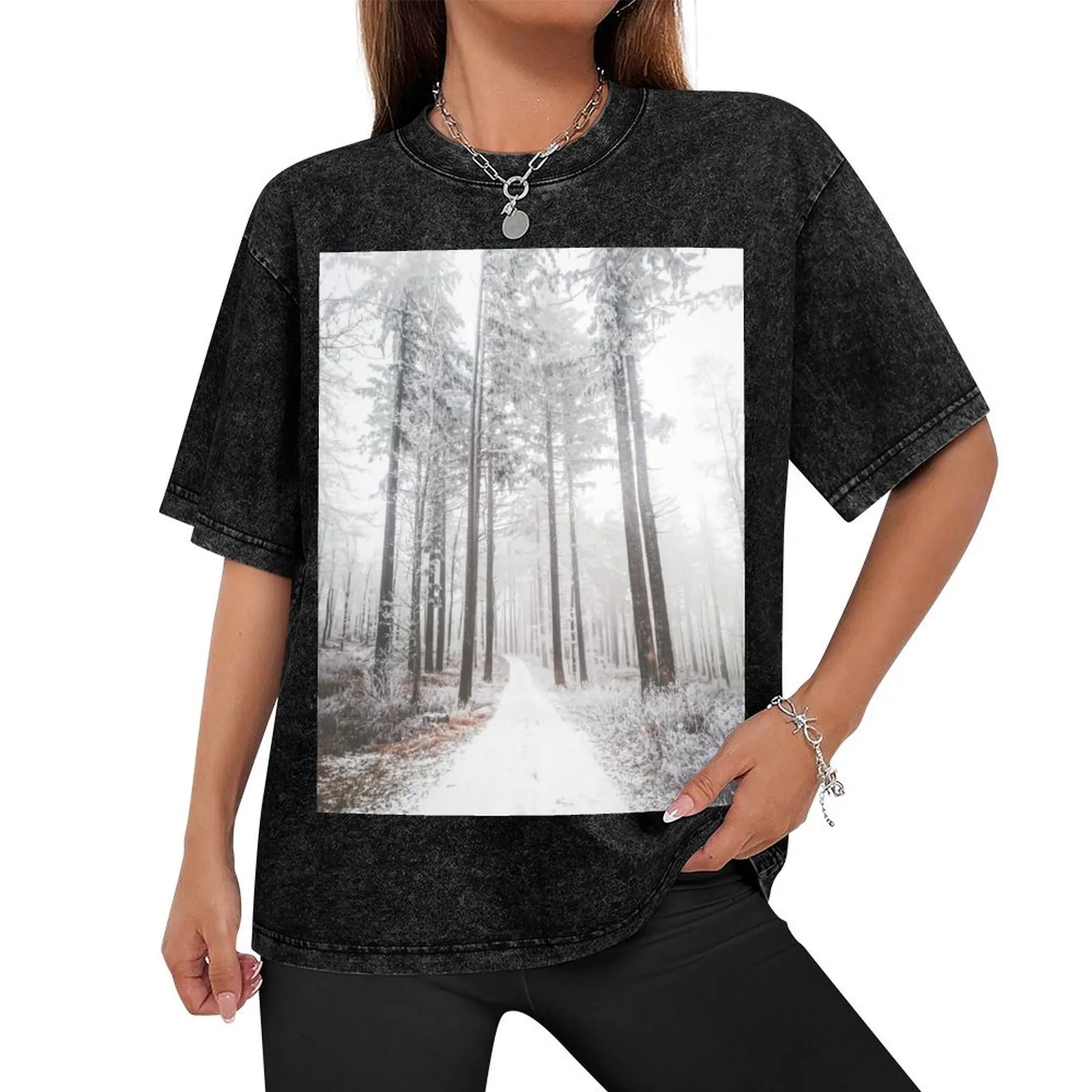 Mysterious road in a frozen foggy forest T-Shirt customs basketball graphic tees shirts graphic tees black t shirts for men