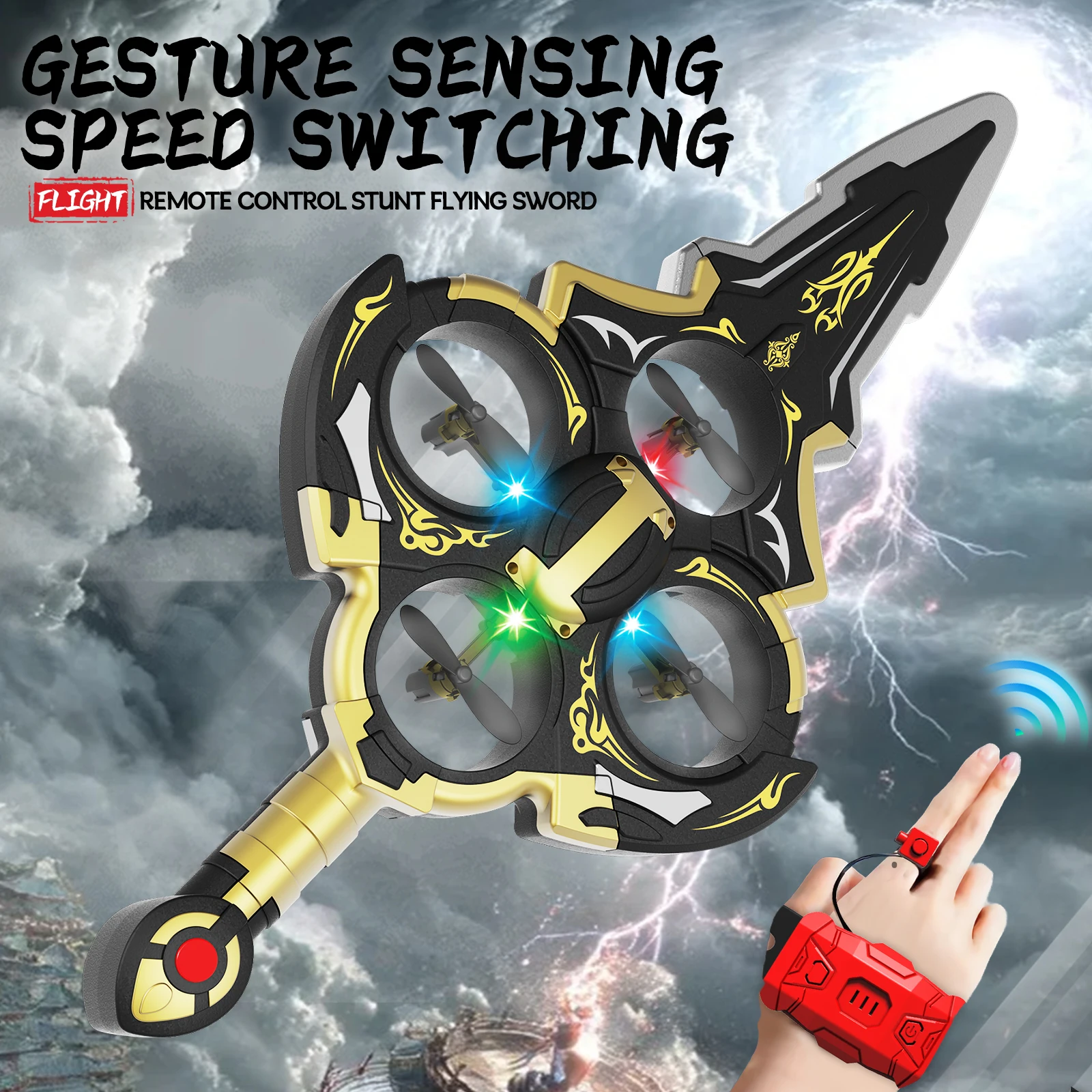 Rc Flying Sword Drone, Gesture Control with LED Light 360 ° Stunt Flip, Adult Outdoor Remote Control Glider Toy Boy Gift