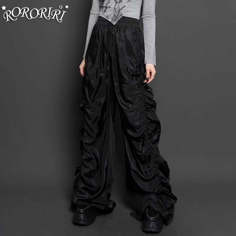 

RORORIRI Vintage Solid Black Ruched Sweatpants Women Shirred Drawstring Elastic Waist Loose Casual Wide Pants Grunge Y2k Clothes